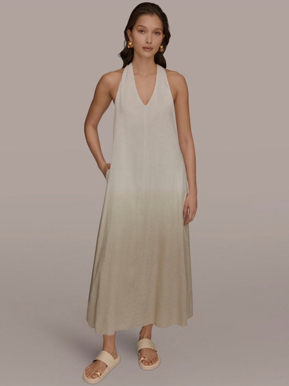 Donna Karan Linen Cotton Halter Ombre Maxi Dress in Cream and Beige Size S(4-6)